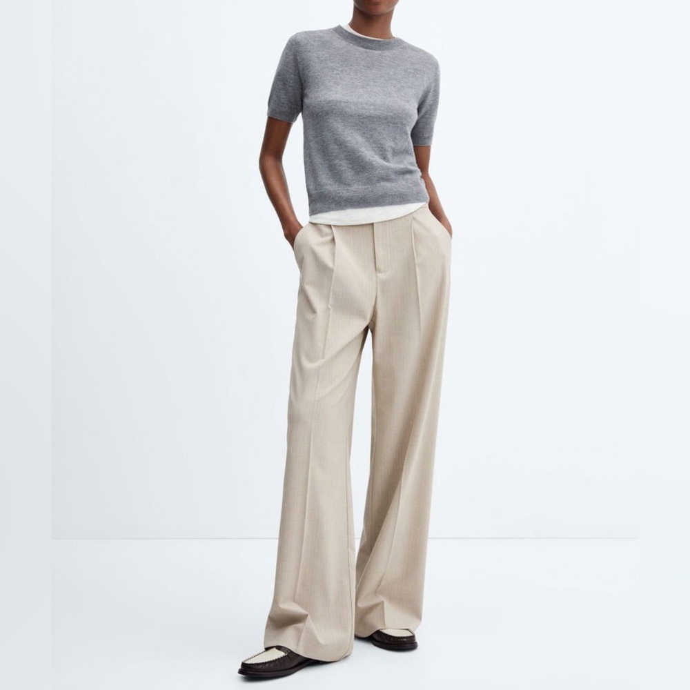 NEW Mango Striped Trousers-Size 12-Beige with Light Blue Stripe - Picture 2 of 15